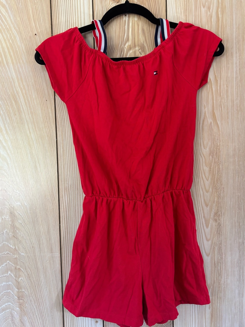Tommy Hilfiger Girls Red One-Piece Romper with Striped Straps